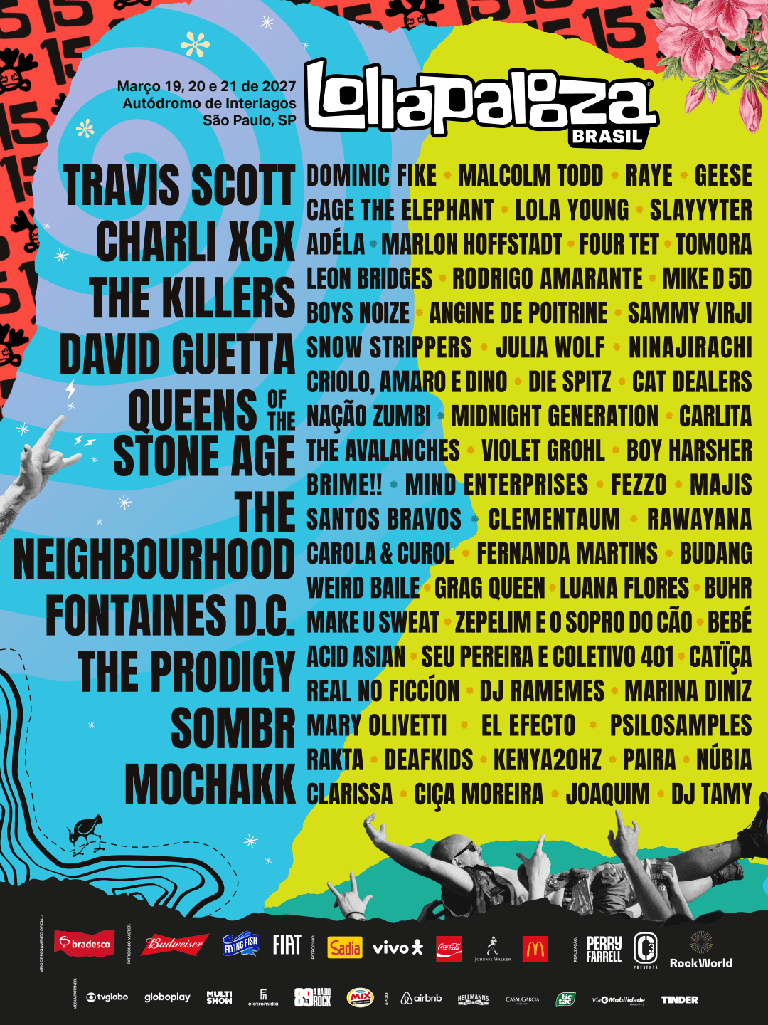 Lollapalooza Brasil celebra 15 anos no país e anuncia line-up de 2027 com Travis Scott, The Killers, Charli xcx, Queens of the Stone Age, The Neighbourhood e Sombr como headliners